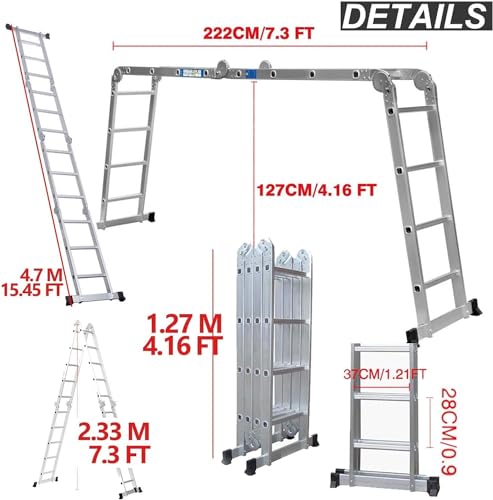 15.4ft Multi-purpose Telescopic Ladder A-frame or Straight 14-in-1 Portable Aluminum Folding Ladder with Dual Stabilizers and Tool Tray, Folded Height 4ft Easy to Store, 330lbs Load Capacity 2 15.4ft Multi-purpose Telescopic Ladder A-frame or Straight 14-in-1 Portable Aluminum Folding Ladder with Dual Stabilizers and Tool Tray, Folded Height 4ft Easy to Store, 330lbs Load Capacity - Image 2