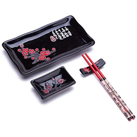 THY COLLECTIBLES 4 Pcs Japanese Sushi Plate Dinnerware Set Black With Chinese Calligraphy and Plum Blossom Design Cover
