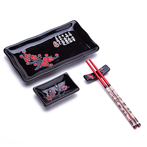 THY COLLECTIBLES 4 Pcs Japanese Sushi Plate Dinnerware Set Black With Chinese Calligraphy and Plum Blossom Design