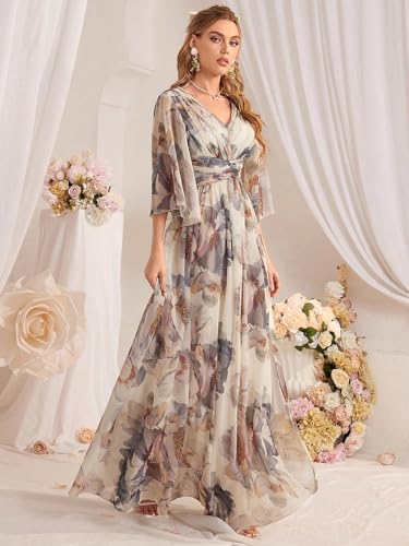 Image of TOLEEN Summer Casual Dresses for Women 2024 Spring Fashion Boho V Neck Long Sleeve Ruffle Floral Print Elegant Maxi Dress