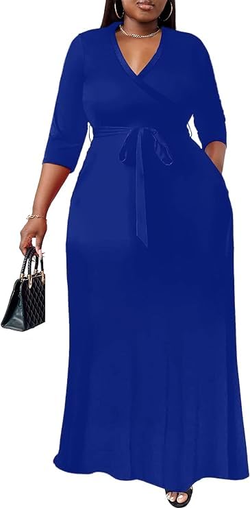 Image of Runwind Plus Size Dresses for Women Floral Maxi Dress Flowy 3 /4 Sleeve with Belt