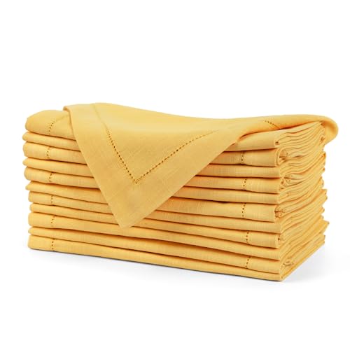 Image of FINGERCRAFT Hemstitched Cotton Table Napkins - Set of 6, 20x20 Inch, 100% Cotton Cloth Napkins with Faggoting Stitching - Durable & Elegant for Parties, Everyday Use (Yellow Slub)