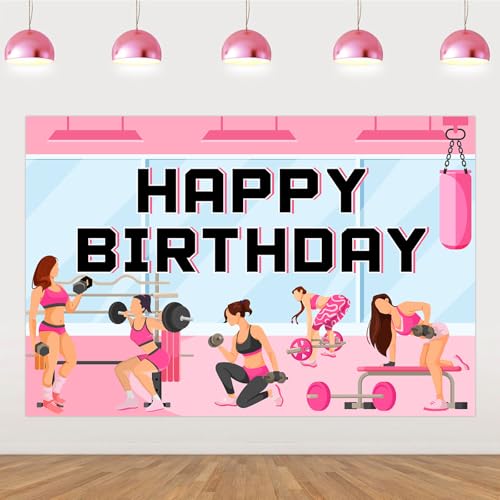 SHADOAMP Gym Birthday Decorations Girl, Workout Theme Happy Birthday Backdrop Banner 3×5 ft Weightlifting Background Photography for Gym Theme Fitness Party Decorations