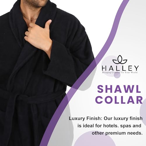 Image of HALLEY Luxury Bathrobe for Women & Men, Shawl Collar Spa Bath Robes Terry Cotton Ultra Soft Shower Robe with Pockets - Black