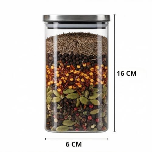 Image of ginoya brothers Airtight Borosilicate Glass Square Jar With Wooden Or Steel Lid Multi-Size, Container for Spices, Coffee, Grains, Snacks & Kitchen Organization (4, STEEL LID, 420 ML)