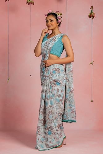 Image of MIRCHI FASHION Saree for Woman Georgette Floral and Leaf Printed | Elegant Farewell and Ceremonial Women's Sari with Blouse Piece