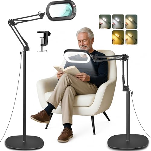 IVMAIE 12X Magnifying Glass with Light and Stand Real Glass Lens 5 Color Modes LED Dimmable Lighted 3-in-1 Floor Lamp with Clamp Hands Free Magnifier for Reading Craft Sewing Painting Close Work