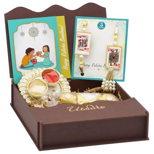 UtsaWe Rakhi Gift Box | Rakhi Gift Hamper made with a King Bhaiya and Queen Bhabhi Rakhi, Roli, Chaval, Mini Thali Set, Greeting Card, and Chocolates | Lumba Rakhi | Bhaiya Bhabhi Rakhi Set (Bhaiya Bhabhi Rakhi Set 4)