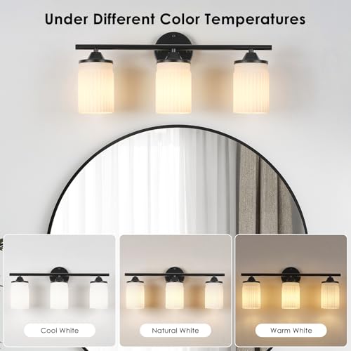 Image of Jonsi Black Bathroom Light Fixtures 3-Light Vanity Lights Modern Wall Sconce with Milk White Shade Bathroom Light Fixture Over Mirror for Bedroom Hallway Kitchen
