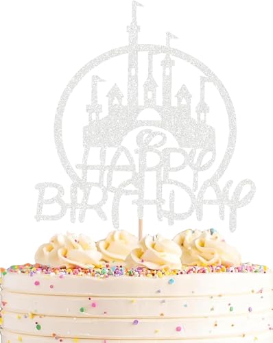 Cake Topper Feliz Cumpleaños con Diseño Castillo – Decoración de Tarta Colorida para Cumpleaños Infantil, Fiesta Princesa y Cuento de Hadas (Plateado)