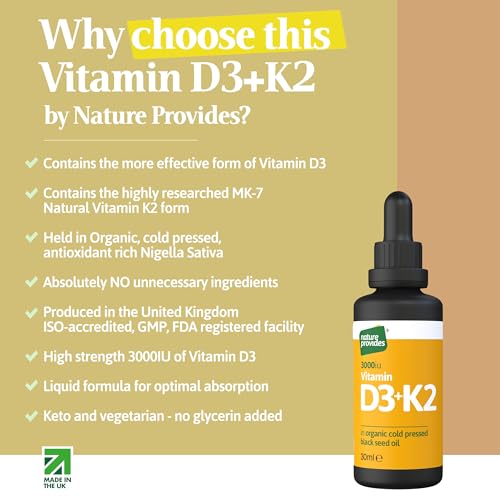 Vitamin D3 & K2 (MK-7) in Organic Black Seed Oil/Nigella Sativa (30ml) - High Strength Liquid (3000IU), 100% Trans MK-7, Immune, Bone Support, Heart Health, Sublingual, Made in UK by Nature Provides - Image 3