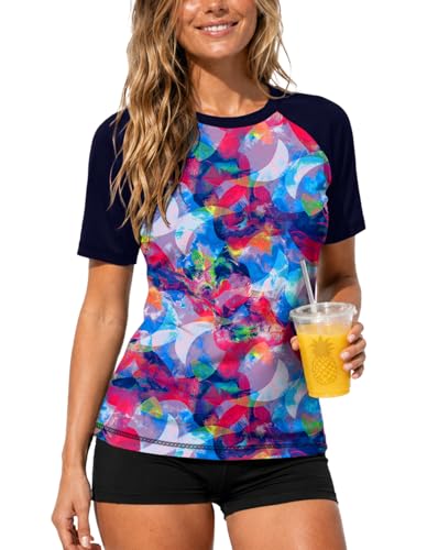 Image of AOBUTE Women Short Sleeve Rash Guard UPF 50+ Tropical Sun Protection Floral Swim Shirts