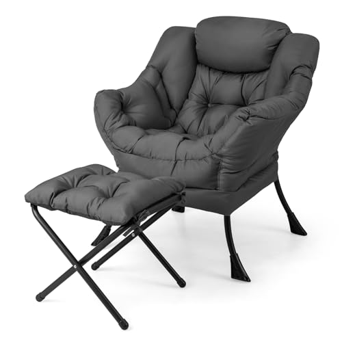 Image of GORELAX Lazy Chair with Ottoman, Modern Accent Chair w/Armrests & Side Pocket, Upholstered Lounge Sofa Chair & Folding Footstool Set, Reading Chair for Bedroom, Living Room, Dorm Room (Grey)