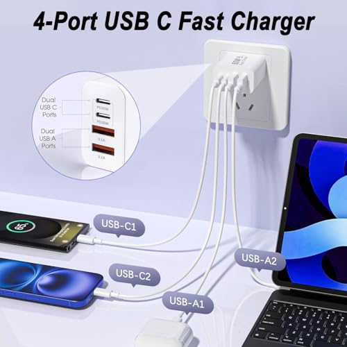 Image of USB C Charger Block,60W 4-Port USB C Wall Charger iPhone Charger Fast Charging PD Power Adapter+QC Wall Plug Multiport Type C Brick Chargers for iPhone 17 16 15 14 13 12 11 Pro Max XS,Samsung