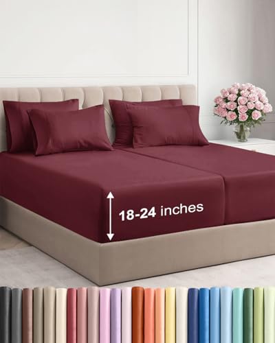 Image of Extra Deep Split King Sheet Set - 7 Piece Breathable & Cooling - Burgundy | Hotel Luxury Bed Sheets Set, Easy & Secure Fit, Ultra-Soft, Wrinkle & Fade Free, Comfy Sheets Set with Extra Deep Pockets