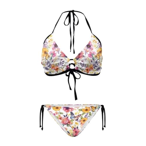 Youngerbaby Women's Girls Floral Print Bikini Sets Two Piece Swimsuit Halter Butterfly Tops and Tie Side Bottoms Bathing Suits Swimwear Plus Size XL