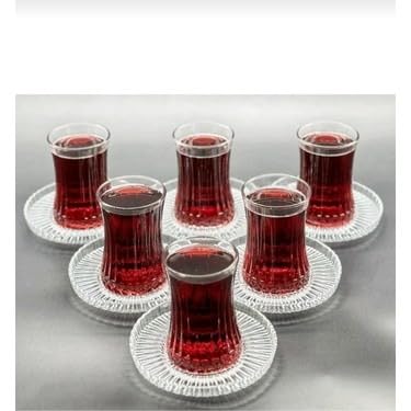 NORDIC SCHILLER Bicchieri da tè in cristallo turco con piattini, 170 ml (6 bicchieri da tè – 6 piattini), bicchieri da tè, tazze da cappuccino, lavabili in lavastoviglie, ideali per tè, Çay Bardagi