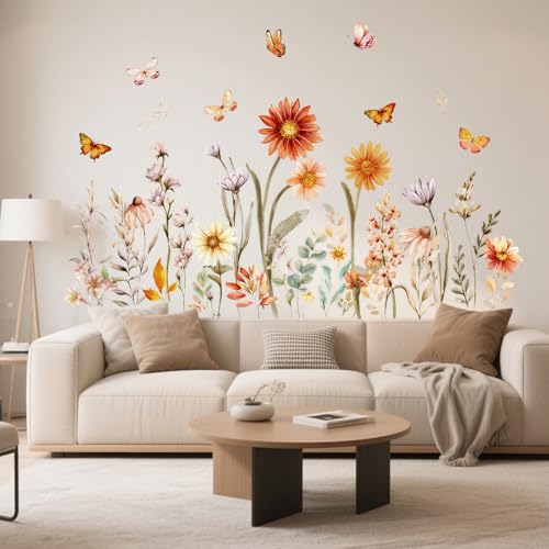 Wandtattoo Blumen Boho 90x30cm Wandtattoo Herbstblumen Schmetterlinge Wandaufkleber Wildblume Schmetterlinge Wandsticker Wanddeko für Schlafzimmer Wohnzimmer Flur Sofa Hintergrund