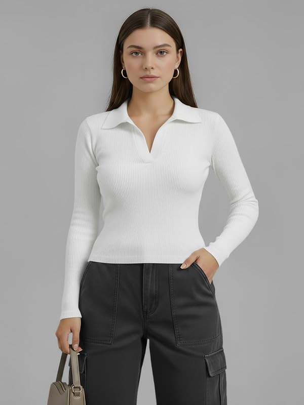 Image of Dream Beauty Fashion Women's Collared Neck Long Sleeve Slim Fit Casual Tee Top for Woman