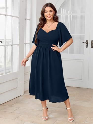Image of SHESTARR Women's Plus Size Midi Dress Sweetheart Neck Short Sleeve Wedding Guest Cocktail A Line Flowy Dress