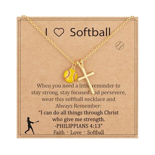 Gnamy Softball Necklace Gifts for Teen Girls Dainty Cross Pendant Sport Accessories Valentines Religious Christian Birthday Jewelry Gifts for Women Her Mom Team Players Lovers Teens 8-12 Gold