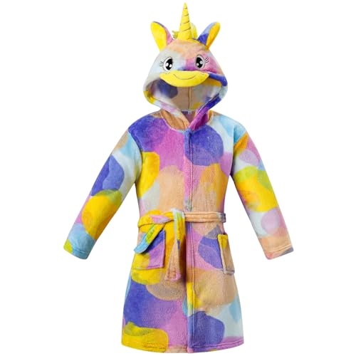 KAKU NANU Accappatoio per bambine dai 4 ai 10 anni con unicorno, con cappuccio, soffice, con elastico in vita e due...