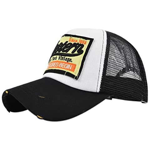 YULOONG Vintage Half Mesh Baseball Cap Embroidery Western Washed Denim Trucker Cap Cotton Sun Hat Adjustable Unisex Black Cover
