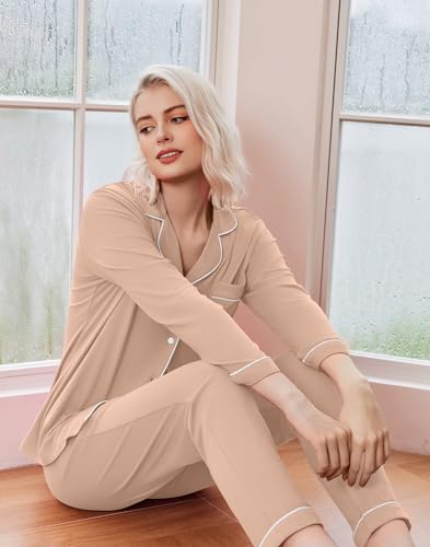 Image of Ekouaer Pajamas Women's Long Sleeve Sleepwear Soft Button Down Loungewear Pjs Lounge Set Nightwear XS-XXL