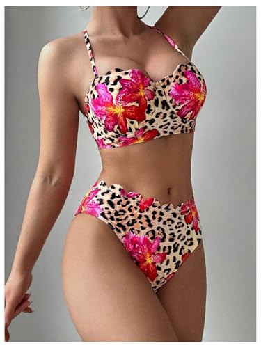 MakeMeChic Women's 2 Piece Bikini Sets Floral Cheetah Print Halter Criss Cross High Waist Swimsuit2