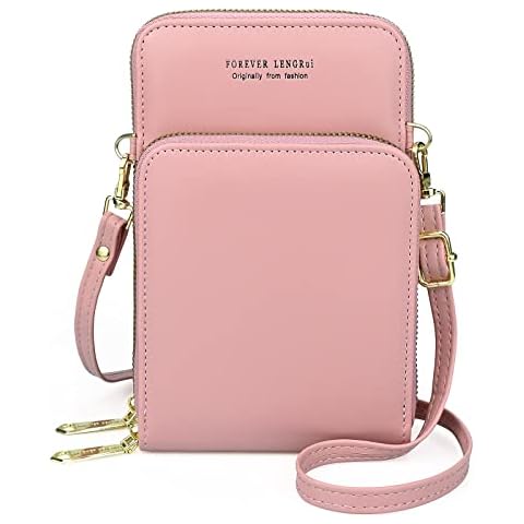Womens Crossbody Phone Bag, Mini Leather Coin Cell Phone Wallet Small Cross Body Mobile Purse with Adjustable Strap, Card Slots and Zipper(Pink) Cover