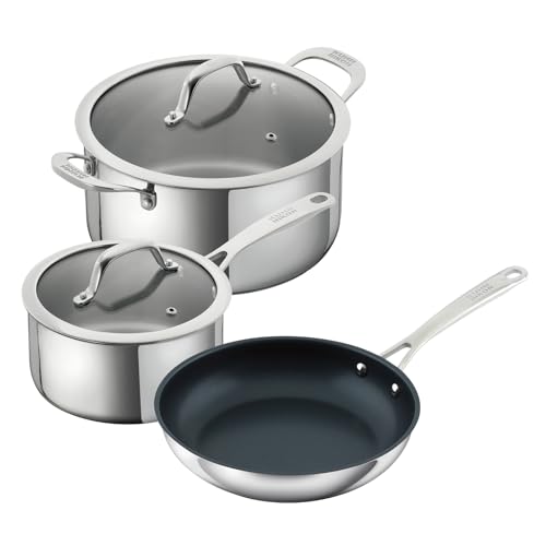 Kuhn Rikon, Batería de Cocina Allround , Juego de 3 Piezas: Cazo 1.5L/16 Cm, cacerola 3.0L /20 m y Sarten 24 Cm. Acero Inoxidable 18/10, Asas Frias,Tapa Cristal con Salida de Vapor , Apta Inducción