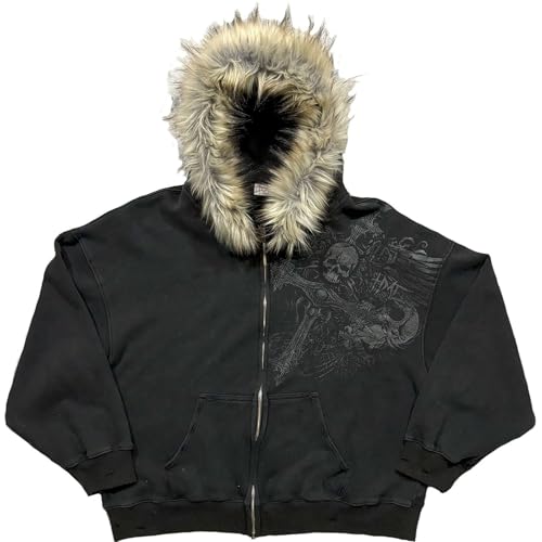 Chaqueta con capucha para hombre, con cremallera y borde de peluche, estampado de cabeza de esqueleto y cruz, vintage, gótico, de Halloween, sudadera, para hombre, invierno, cálido, Y2K, Streetwear