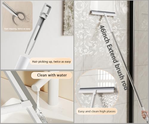 Image of Bathroom Floor Squeegee - Rotating Lock Handle with Dual Rubber Blades - Shower /Window Water Remover for Tile & Glass - Hair Catcher Cleaning Tool. (White,12.99 * 1.06 * 46.46inch)