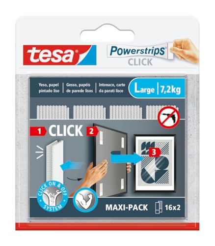 tesa Powerstrips CLICK - Klebehaken zum Aufhängen von Bilderrahmen und Wanddekorationen ohne Bohren - selbstklebende Streifen mit Ein- und Aushängesystem - Large - 16 x 2 Stück