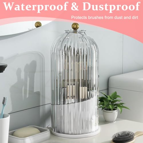 Image of MAYCREATE Makeup Brush Holder Organizer with Lid, 360 Rotatable Makeup Brushes Storage Case, Dustproof Clear 3-Grid Cosmetic Organizer Stand for Vanity Desktop Bathroom
