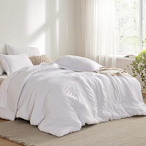Bedsure White Queen Comforter Set - Bed in a Bag, 7 Pieces Striped Seersucker Bedding Set, Soft Lightweight Down Alternative Comforter, Queen - Image 3