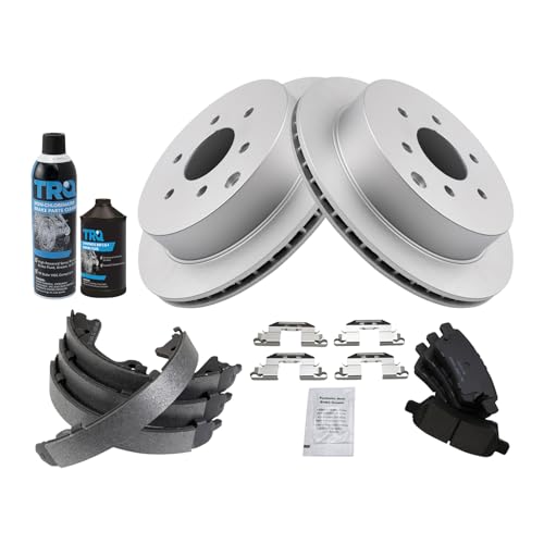 Image of TRQ Rear Brake Pad & Rotor Kit, with Chemical Kit Parking Brake Shoe Set Ceramic Premium G-Coated Compatible with 2006-2007 Nissan Xterra