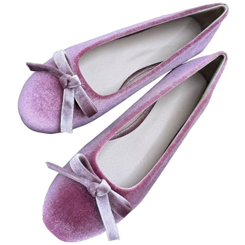 Image of TN TANGNEST Women's Velvet Flats Round Toe Ballet Shoes | Elegant Bowknot Flats Comfortable Casual Slip On Flats for Work