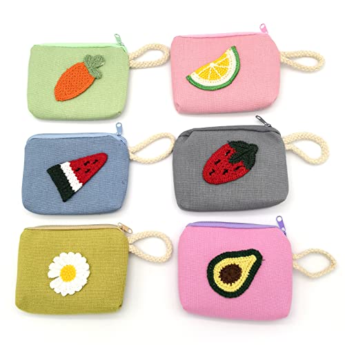 Lote de 6 Monederos de Lona con Cremallera para Monedas, Tarjetas, Llaveros, Auriculares, Frutas, Bolsa pequeña para Estudiantes, Niñas, Mujeres, Niños, Frutas., Fruta