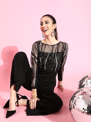 Image of Miss Chase Women's Halter Neck Sleeveless Solid Wide Leg Sequin Paneled Regular Length Jumpsuit