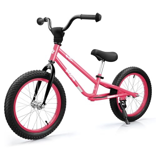 bicystar Kids Balance Bike with Real Rubber Air Tires - 16 Inch Big Kid Bicycle Ages 5-8, Adjustable Seat & Handlebars, Lightweight No Pedal Training Bike (Pink)