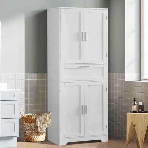 Quimoo-67-Tall-Storage-Cabinet-Pantry-Cabinet-with-2-Adjustable-Shelves-1-Large-Drawer-Tall-Bathroom-Cabinet-Freestanding-Cupboard-for-Dining-Room-Living-Room-Home-Office-White Quimoo 67 Tall Storage Cabinet Pantry Cabinet with 2 Adjustable Shelves 1 Large Drawer Tall Bathroom Cabinet Freestanding Cupboard for Dining Room Living Room Home Office White