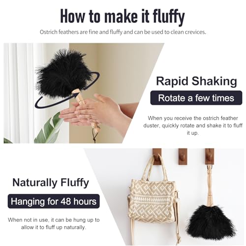 Image of Ostrich Feather Duster 12 Inch Handheld Duster Supplies, Wooden Handle Feather Duster for Cleaning Keyboard Home Car Office (Black)
