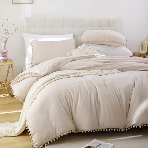 Smoofy Beige Pom Fringe Twin Comforter Set Boho Chic Cute Ball Pom Bedding Set Cali Soft Warm Vintage Lightweight Solid Comforter 2 Pieces (1 Pom Comforter, ONLY 1 Pillowcase)