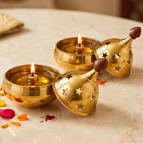 Image of Brass Diya Pure Brass Traditional Oil Puja Lamp for Temple, Mandir, Festival Decoration, Home Decor & Diwali Gift (Star Dome, Set of 2)