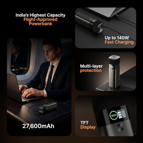 Image of Noise 140W Power Bank : 27600mAh (Max. Flight-Approved Capacity), Charge 3 Devices Simultanesously, Digital Display for Real-time Power Delivery, Advanced Multi-layer Protection (Black)
