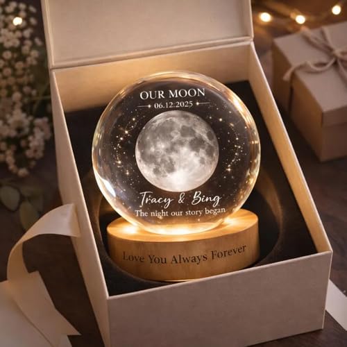 Image of Evamall Personalized Moon Phase Crystal Ball Night Light, Custom Night Sky By Date Lamp, Our Special Day Keepsake Gift for Couple Anniversary Wedding