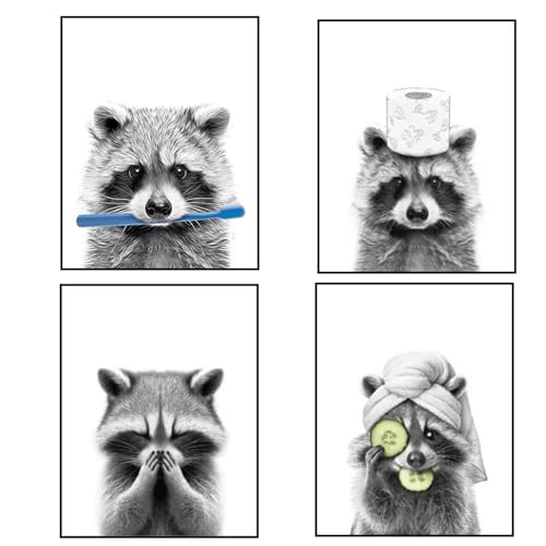 FAINCA 4 Piezas Cuadro Baño 20 x 30 cm Cuadros Baño A4 Impermeable Cuadros Decorativos Mapache Lienzos Decorativos Blanco Grisáceo Cuadro Salon para Salón Dormitorio Oficina Cocina (Sin Marco)