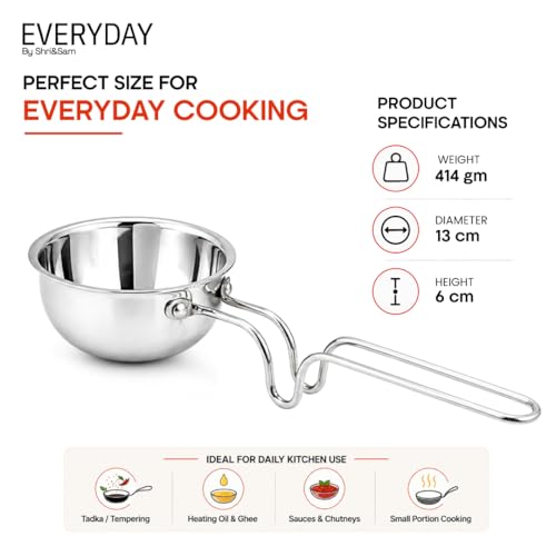 Image of Shri & Sam Everyday 13cm /550ml Tri-Ply Stainless Steel Tadka Pan with Stand-Handle | Gas & Induction Compatible | Heavy Gauge | Long Wire Handle for Cool Grip
