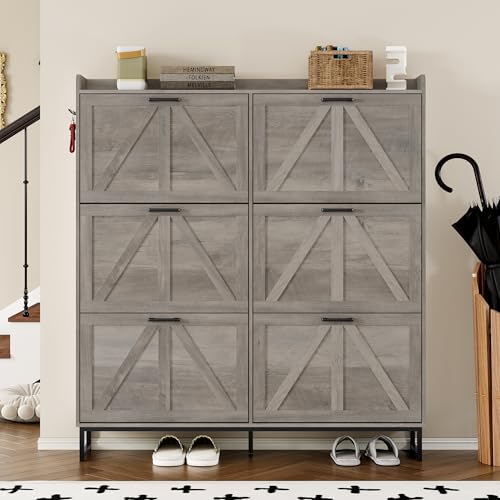 Image of BORNOON Shoe Cabinet with 6 Flip Drawers Narrow Shoe Storage Cabinet Organizer Wooden Freestanding Shoe Rack Hidden Slim Shoes Storage Cabinet for Entryway, Hallway, Living Room, Bedroom
